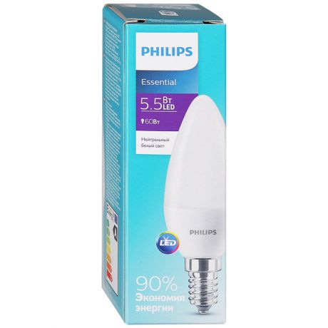 Лампа светодиодная Philips свеча 5,5W Е14 матовая свет холодный