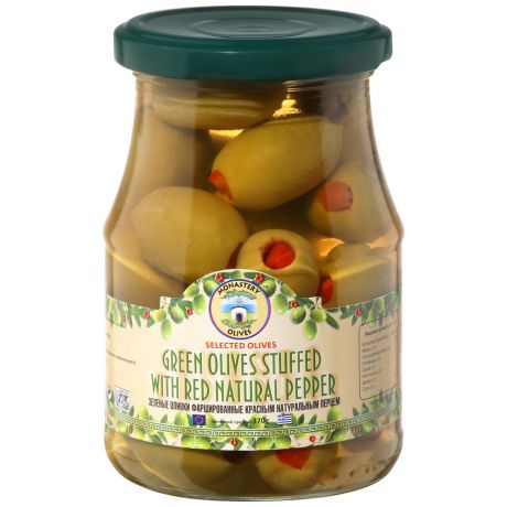 Оливки Монастырские Оливы зеленые фаршированный красным натуральным перцем 370 г