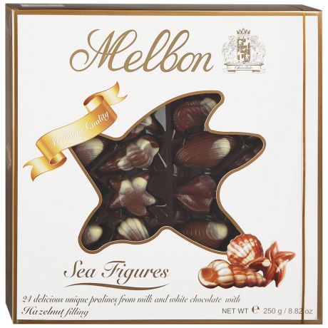 Конфеты Melbon Морские фигуры из молочного и белого шоколада с начинкой из орехового пралине 0,25кг