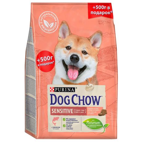 Корм сухой Dog Chow для взрослых собак с чувствительным пищеварением с лососем 2кг + 0,5кг