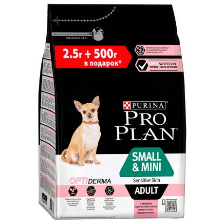 Корм ProPlan сухой для взрослых собак мелких и карликовых пород с чувствительной кожей с лососем 2.5 кг + 500 г