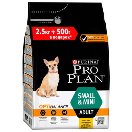 Корм сухой Pro Plan OPTIBALANCE для взрослых собак мелких и карликовых пород с высоким содержанием курицы 2,5кг + 0,5кг