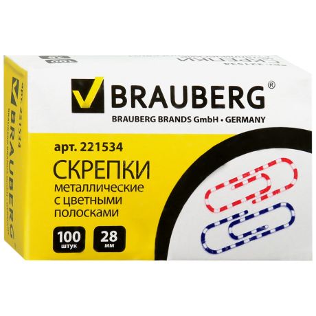 Скрепки Brauberg 28 мм с цветными полосками 100шт