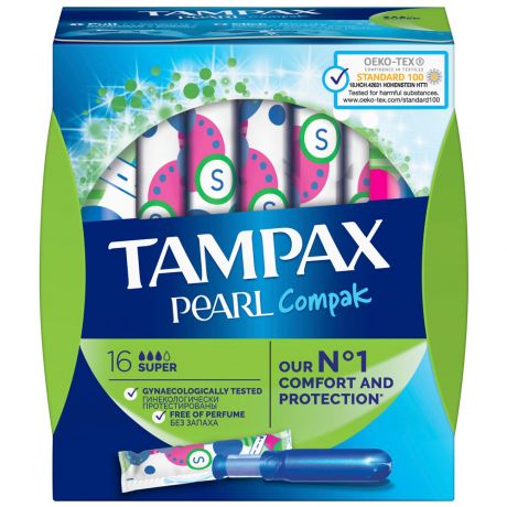 Тампоны Tampax Compak Pearl super duo 3 капли 16 штук
