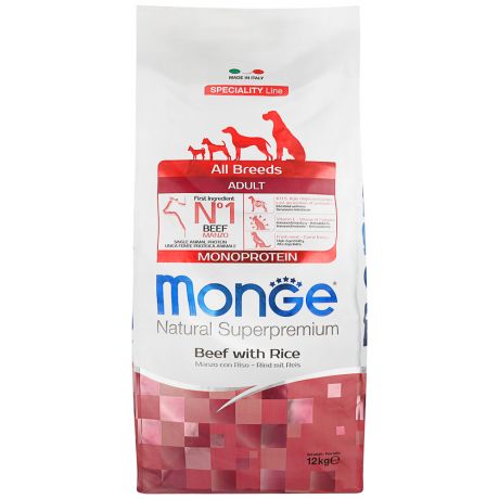 Корм сухой для собак всех пород Monge Dog Monoprotein All Breeds Beef and Rice говядина с рисом 12 кг