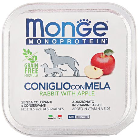 Корм влажный для собак Monge Dog Monoprotein Fruits паштет из кролика с яблоком 150 г