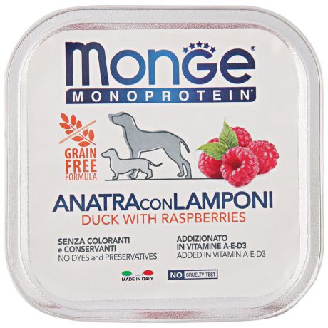Корм влажный для собак Monge Dog Monoprotein Fruits паштет из утки с малиной 150 г