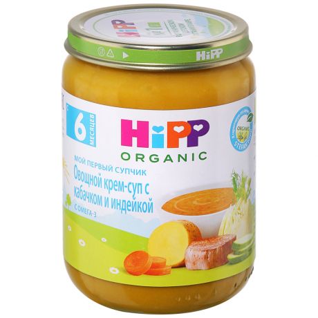 Крем-суп Hipp Organic Мой первый супчик Овощной с кабачком и индейкой без сахара с 6 месяцев 190 г