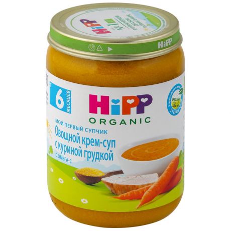 Крем-суп Hipp Organic Мой первый супчик Овощной с куриной грудкой и омега-3 без сахара с 6 месяцев 190 г