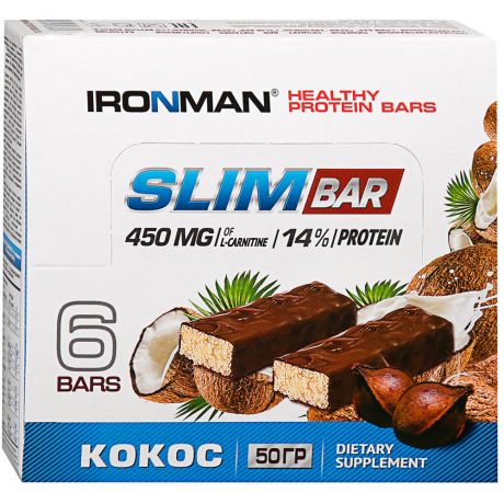 Батончики Slim Bar Ironman со вкусом кокоса 6 штук по 50 г
