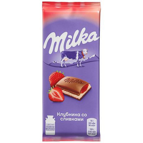 Шоколад молочный Milka с двухслойной начинкой клубника-сливки 90г