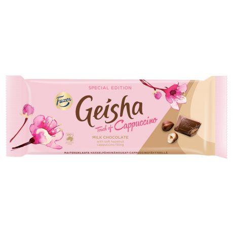 Шоколад молочный Fazer Geisha с начинкой из тертого ореха и вкусом капучино 100г