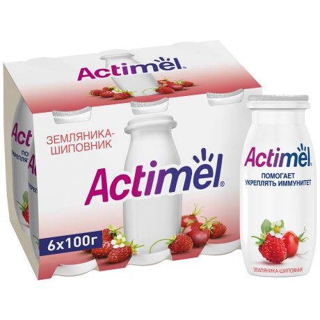 Продукт Actimel кисломолочный земляника шиповник 2.5% 6 штук по 100 г
