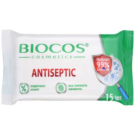 Влажные салфетки Biocos Антисептические 15 штук