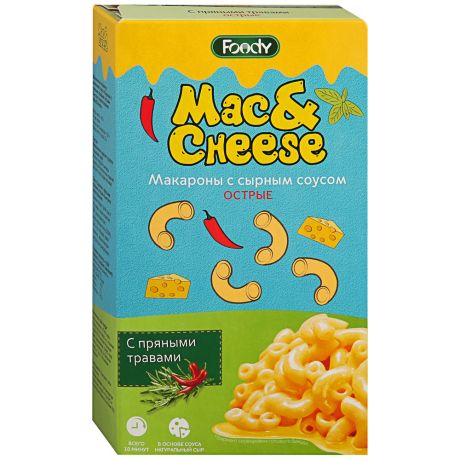 Макаронные изделия Foody быстрого приготовления с вложением соуса Сырный с пряными травами острый "Mac&Cheese" 0,143 кг