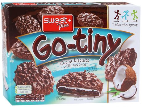 Печенье Sweet Plus "Go-Tiny" бисквитное со вкусом шоколада с молочным кремом и кокосом в какао-молочной глазури 130г