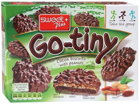 Печенье Sweet Plus "Go-Tiny" бисквитное со вкусом шоколада с арахисовым кремом и арахисом в какао-молочной глазури 130г