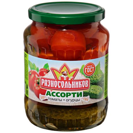 Ассорти Разносольников маринованное из огурцов и томатов 680 г