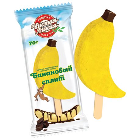 Мороженое Чистая линия эскимо Банановый Сплит пломбир с бананом и шоколадной глазурью 70 г
