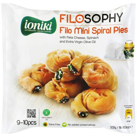 Пирожки Ioniki спиральные "Филло" с сыром Фета, шпинатом и оливковым маслом замороженные 0,5кг
