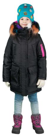 Куртка-парка с разноцветной меховой опушкой/ черный 134 см