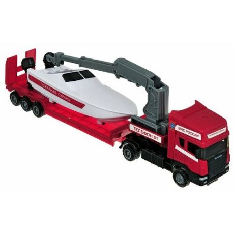 Набор техники Autogrand Scania пожарный трейлер с катером (12002-01/33869) 1:48 20 см красный / белый