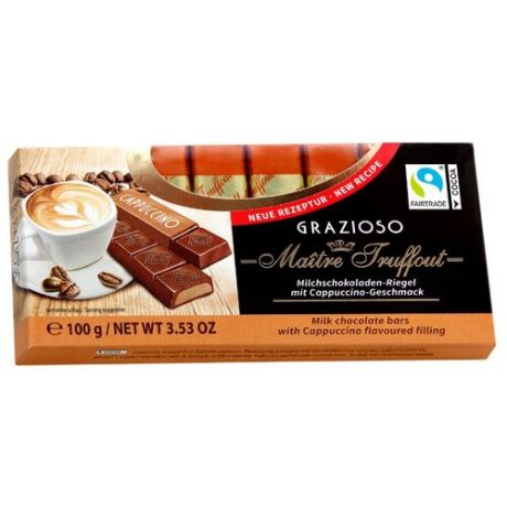 Шоколад Maitre Truffout Grazioso молочный с начинкой со вкусом капучино, порционный, 100 г
