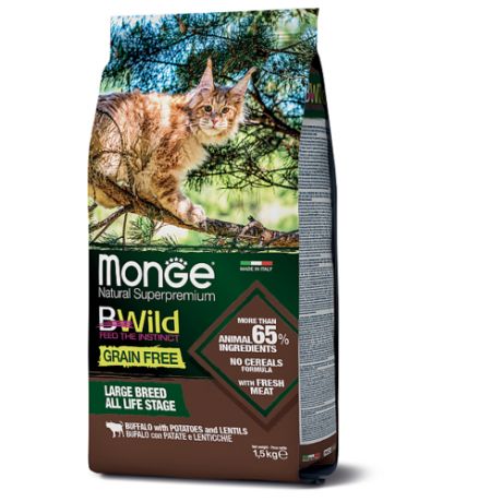 Корм для кошек Monge BWILD Feed the Instinct для крупных пород беззерновой, с буйволом и с картофелем, с чечевицей 1.5 кг