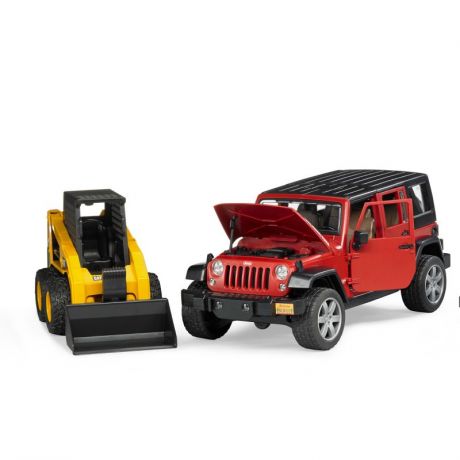 BRUDER Внедорожник Jeep Wrangler Unlimited Rubicon c прицепом-платформой и колёсным мини погрузчиком CAT (красный)