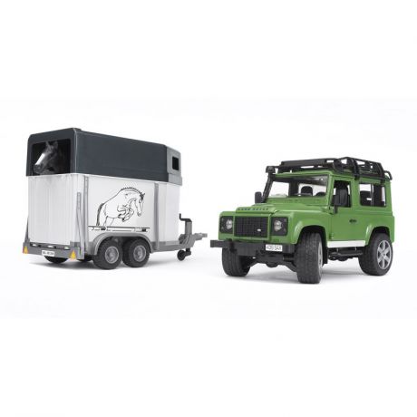 BRUDER Внедорожник Land Rover Defender с прицепом-коневозкой и лошадью (зеленый)