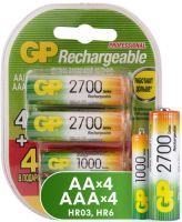 Аккумуляторые батареи GP AA (HR6) 2700 мАч, 4 шт + ААА (LR03) 1000 мАч, 4 шт (GP270AA/100AAAHCFR-2CR8)