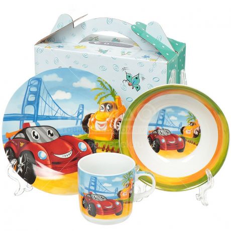 Набор детской посуды из керамики Daniks Автомобили, 3 предмета (кружка 230 мл, тарелка 180 мм, салатник 150 мм)