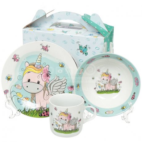 Набор детской посуды из керамики Daniks Единорог, 3 предмета (кружка 230 мл, тарелка 180 мм, салатник 150 мм)