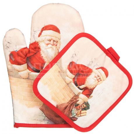 Набор кухонного текстиля, 2 предмета, Дед Мороз (варежка, прихватка) Y6-1914