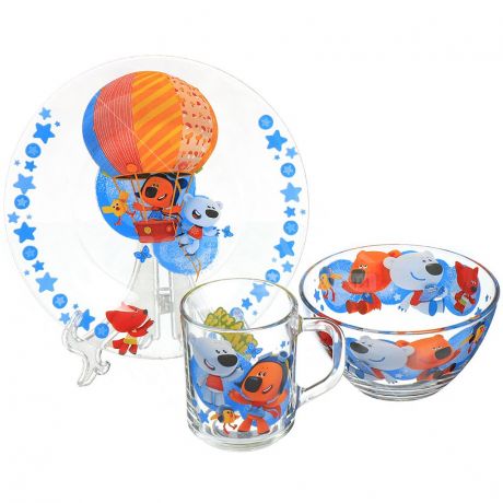 Набор детской посуды из стекла Ми-ми-Мишки 628-101/628-100/628-102, 3 предмета (кружка, тарелка, салатник)