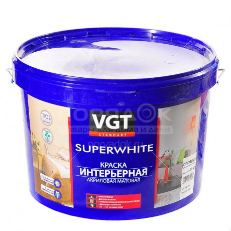 Краска водоэмульсионная VGT Superwhite интерьерная влагостойкая белая, 15 кг
