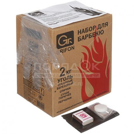 Уголь Grifon 600-040 в коробке, 2 кг + перчатки, спички, пакет 60 л