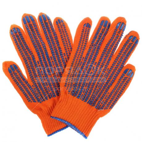 Перчатки х/б с ПВХ Протектор Люкс повышенной прочности 5 нитей, 10 класс, оранжевые с синими манжетами