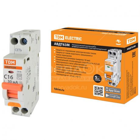 Автоматический выключатель дифференциального тока TDM Electric SQ0202-0060 АВДТ 63М C16 30 мА, 4.5 кА