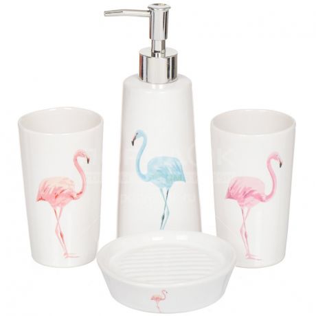 Набор для ванной Розовый фламинго Y3-875 I.K, 4 предмета (дозатор, мыльница, стакан, подставка)