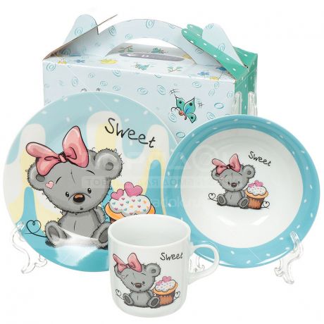 Набор детской посуды из керамики Daniks Медведь, 3 предмета (кружка 230 мл, тарелка 180 мм, салатник 150 мм)