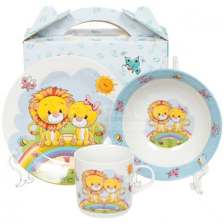Набор детской посуды из керамики Daniks Львята, 3 предмета (кружка 230 мл, тарелка 180 мм, салатник 150 мм)