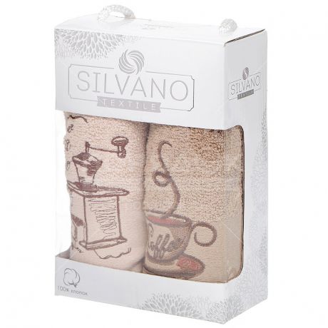 Набор полотенец кухонных, 2 шт 40х60 см, хлопок, Silvano Кофемолка крем/песочно-коричневый D15-2, в подарочной упаковке