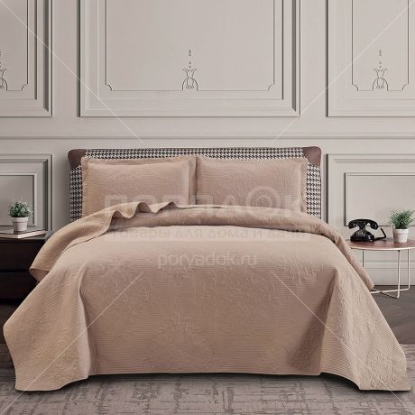 Текстиль для спальни Silvano Ультрасоник Барокко, евро, покрывало и 2 наволочки 50х70 см, капучино