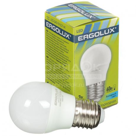Лампа светодиодная Ergolux LED-G45-7W, 7 Вт, E27, холодный белый свет