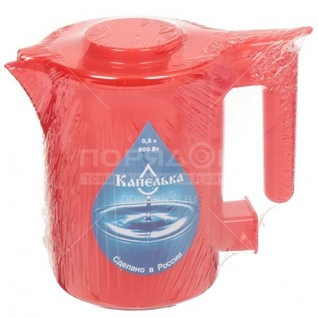 Чайник электрический пластиковый Капелька 003909, 0.5 л, 0.6 кВт, красный