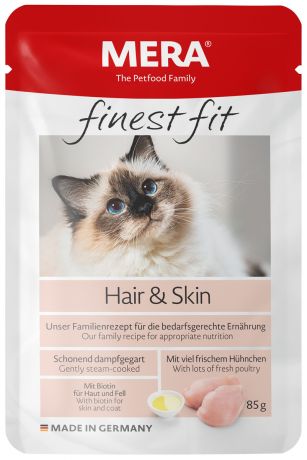 Mera Finest Fit Cat Hair & Skin для взрослых кошек с чувствительной кожей и шерстью с птицей 85 гр (85 гр х 12 шт)