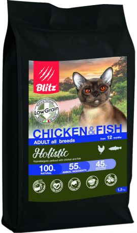 Blitz Holistic Low-grain Adult Cat Chicken & Fish низкозерновой для взрослых кошек всех пород с курицей и рыбой (1,5 кг + пауч)