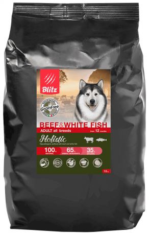 Blitz Holistic Grain Free Adult Beef & White Fish беззерновой для взрослых собак всех пород с говядиной и белой рыбой (12 + 12 кг)