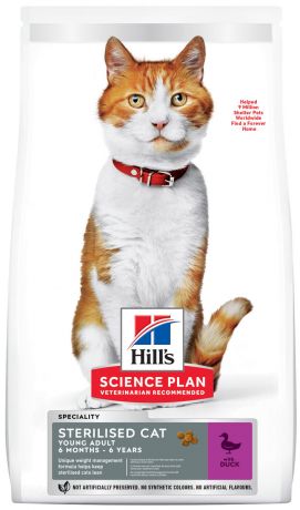 Hill’s Science Plan Feline Young Adult Sterilised Cat Duck для взрослых кастрированных котов и стерилизованных кошек с уткой (10 кг)